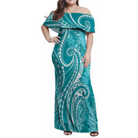 Polynesia Plumeria Lei Family Matching Off Shoulder Maxi Dress and Hawaiian Shirt Teal Curves Motif