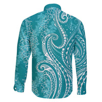 Polynesia Plumeria Lei Family Matching Off Shoulder Short Dress and Hawaiian Shirt Teal Curves Motif