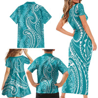 Polynesia Plumeria Lei Family Matching Short Sleeve Bodycon Dress and Hawaiian Shirt Teal Curves Motif