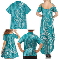 Polynesia Plumeria Lei Family Matching Summer Maxi Dress and Hawaiian Shirt Teal Curves Motif