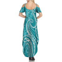 Polynesia Plumeria Lei Family Matching Summer Maxi Dress and Hawaiian Shirt Teal Curves Motif