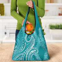 Polynesia Plumeria Lei Grocery Bag Teal Curves Motif
