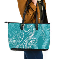 Polynesia Plumeria Lei Leather Tote Bag Teal Curves Motif