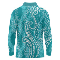 Polynesia Plumeria Lei Long Sleeve Polo Shirt Teal Curves Motif LT7 - Polynesian Pride