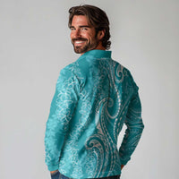 Polynesia Plumeria Lei Long Sleeve Polo Shirt Teal Curves Motif LT7 - Polynesian Pride