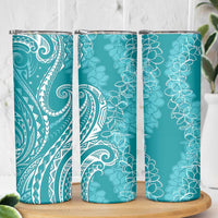 Polynesia Plumeria Lei Skinny Tumbler Teal Curves Motif