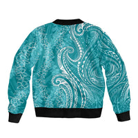 Polynesia Plumeria Lei Sleeve Zip Bomber Jacket Teal Curves Motif