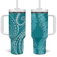 Polynesia Plumeria Lei Tumbler With Handle Teal Curves Motif