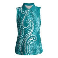 Polynesia Plumeria Lei Women Sleeveless Polo Shirt Teal Curves Motif LT7 Female Teal - Polynesian Pride