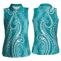 Polynesia Plumeria Lei Women Sleeveless Polo Shirt Teal Curves Motif LT7 - Polynesian Pride