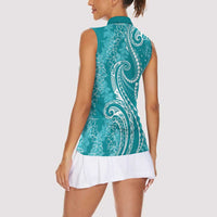 Polynesia Plumeria Lei Women Sleeveless Polo Shirt Teal Curves Motif LT7 - Polynesian Pride