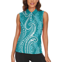 Polynesia Plumeria Lei Women Sleeveless Polo Shirt Teal Curves Motif LT7 - Polynesian Pride