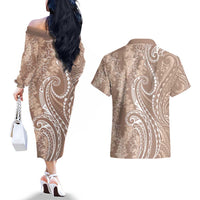 Polynesia Plumeria Lei Couples Matching Off The Shoulder Long Sleeve Dress and Hawaiian Shirt Beige Curves Motif
