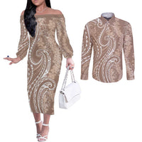 Polynesia Plumeria Lei Couples Matching Off The Shoulder Long Sleeve Dress and Long Sleeve Button Shirt Beige Curves Motif