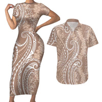 Polynesia Plumeria Lei Couples Matching Short Sleeve Bodycon Dress and Hawaiian Shirt Beige Curves Motif