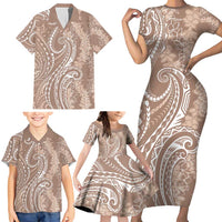 Polynesia Plumeria Lei Family Matching Short Sleeve Bodycon Dress and Hawaiian Shirt Beige Curves Motif