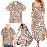 Polynesia Plumeria Lei Family Matching Summer Maxi Dress and Hawaiian Shirt Beige Curves Motif