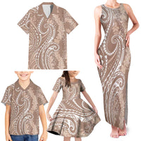 Polynesia Plumeria Lei Family Matching Tank Maxi Dress and Hawaiian Shirt Beige Curves Motif