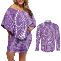 Polynesia Plumeria Lei Couples Matching Off Shoulder Short Dress and Long Sleeve Button Shirt Periwinkle Curves Motif LT7 Periwinkle - Polynesian Pride