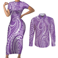Polynesia Plumeria Lei Couples Matching Short Sleeve Bodycon Dress and Long Sleeve Button Shirt Periwinkle Curves Motif