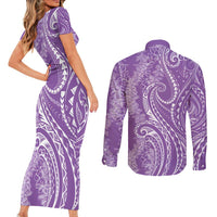 Polynesia Plumeria Lei Couples Matching Short Sleeve Bodycon Dress and Long Sleeve Button Shirt Periwinkle Curves Motif