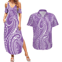 Polynesia Plumeria Lei Couples Matching Summer Maxi Dress and Hawaiian Shirt Periwinkle Curves Motif
