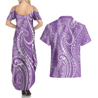 Polynesia Plumeria Lei Couples Matching Summer Maxi Dress and Hawaiian Shirt Periwinkle Curves Motif