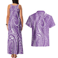 Polynesia Plumeria Lei Couples Matching Tank Maxi Dress and Hawaiian Shirt Periwinkle Curves Motif