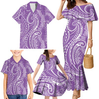 Polynesia Plumeria Lei Family Matching Mermaid Dress and Hawaiian Shirt Periwinkle Curves Motif