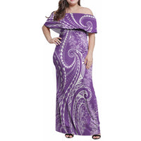 Polynesia Plumeria Lei Family Matching Off Shoulder Maxi Dress and Hawaiian Shirt Periwinkle Curves Motif
