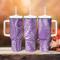 Polynesia Plumeria Lei Tumbler With Handle Periwinkle Curves Motif