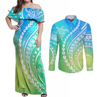 Polynesian Pride Couples Matching Off Shoulder Maxi Dress and Long Sleeve Button Shirts Turtle Hibiscus Luxury Style - Gradient Blue LT7 Blue Green - Polynesian Pride
