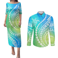 Polynesian Pride Couples Matching Puletasi Dress and Long Sleeve Button Shirts Turtle Hibiscus Luxury Style - Gradient Blue LT7 Blue Green - Polynesian Pride