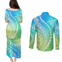Polynesian Pride Couples Matching Puletasi Dress and Long Sleeve Button Shirts Turtle Hibiscus Luxury Style - Gradient Blue LT7 - Polynesian Pride
