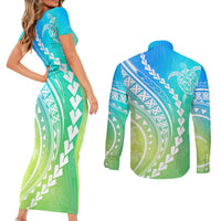 Polynesian Pride Couples Matching Short Sleeve Bodycon Dress and Long Sleeve Button Shirts Turtle Hibiscus Luxury Style - Gradient Blue LT7 - Polynesian Pride