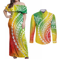Polynesian Pride Couples Matching Off Shoulder Maxi Dress and Long Sleeve Button Shirts Turtle Hibiscus Luxury Style - Reggae LT7 Reggae - Polynesian Pride