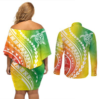 Polynesian Pride Couples Matching Off Shoulder Short Dress and Long Sleeve Button Shirts Turtle Hibiscus Luxury Style - Reggae LT7 - Polynesian Pride