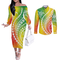 Polynesian Pride Couples Matching Off The Shoulder Long Sleeve Dress and Long Sleeve Button Shirts Turtle Hibiscus Luxury Style - Reggae LT7 Reggae - Polynesian Pride