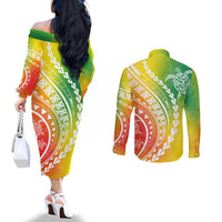 Polynesian Pride Couples Matching Off The Shoulder Long Sleeve Dress and Long Sleeve Button Shirts Turtle Hibiscus Luxury Style - Reggae LT7 - Polynesian Pride