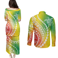 Polynesian Pride Couples Matching Puletasi Dress and Long Sleeve Button Shirts Turtle Hibiscus Luxury Style - Reggae LT7 - Polynesian Pride