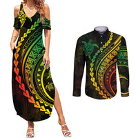 Polynesian Pride Couples Matching Summer Maxi Dress and Long Sleeve Button Shirts Turtle Hibiscus Luxury Style - Reggae Ver2 LT7 Reggae - Polynesian Pride