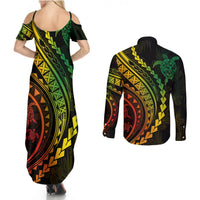 Polynesian Pride Couples Matching Summer Maxi Dress and Long Sleeve Button Shirts Turtle Hibiscus Luxury Style - Reggae Ver2 LT7 - Polynesian Pride