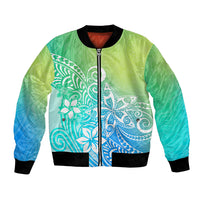Polynesia Bomber Jacket Plumeria Blue Gradient Curves LT7 Unisex Blue Green - Polynesian Pride
