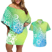 Polynesia Couples Matching Off Shoulder Short Dress and Hawaiian Shirt Plumeria Blue Gradient Curves LT7 Blue Green - Polynesian Pride
