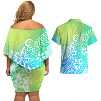 Polynesia Couples Matching Off Shoulder Short Dress and Hawaiian Shirt Plumeria Blue Gradient Curves LT7 - Polynesian Pride