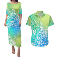 Polynesia Couples Matching Puletasi Dress and Hawaiian Shirt Plumeria Blue Gradient Curves LT7 Blue Green - Polynesian Pride