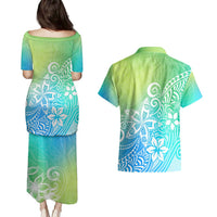 Polynesia Couples Matching Puletasi Dress and Hawaiian Shirt Plumeria Blue Gradient Curves LT7 - Polynesian Pride