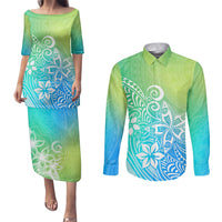 Polynesia Couples Matching Puletasi Dress and Long Sleeve Button Shirts Plumeria Blue Gradient Curves LT7 Blue Green - Polynesian Pride