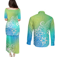 Polynesia Couples Matching Puletasi Dress and Long Sleeve Button Shirts Plumeria Blue Gradient Curves LT7 - Polynesian Pride