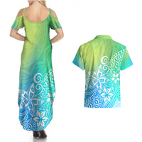 Polynesia Couples Matching Summer Maxi Dress and Hawaiian Shirt Plumeria Blue Gradient Curves LT7 - Polynesian Pride